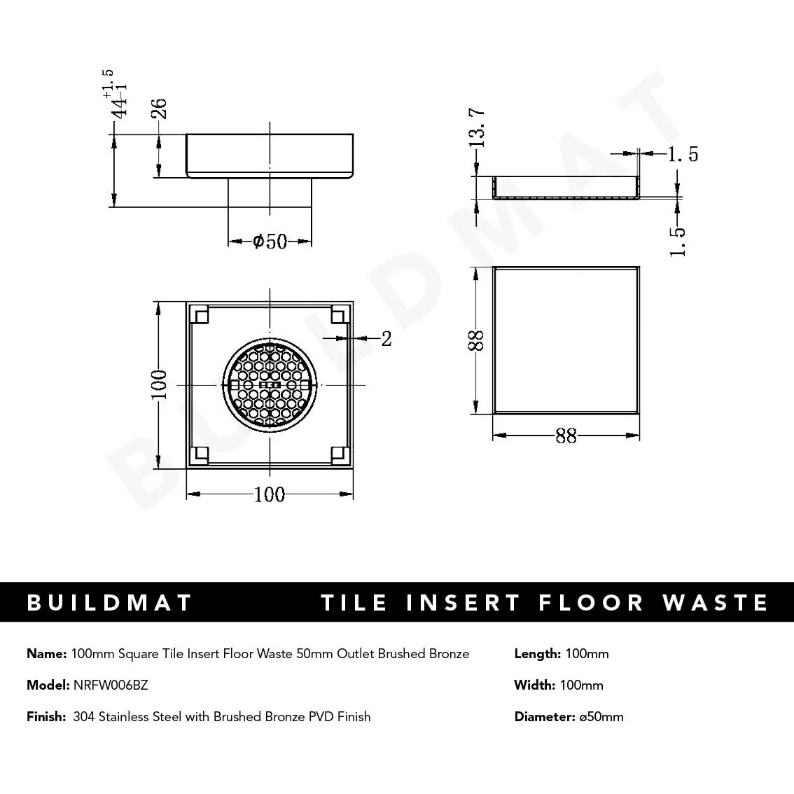 Nero 100mm Square Tile Insert Floor Waste 50mm Outlet Brushed Bronze - Image 5
