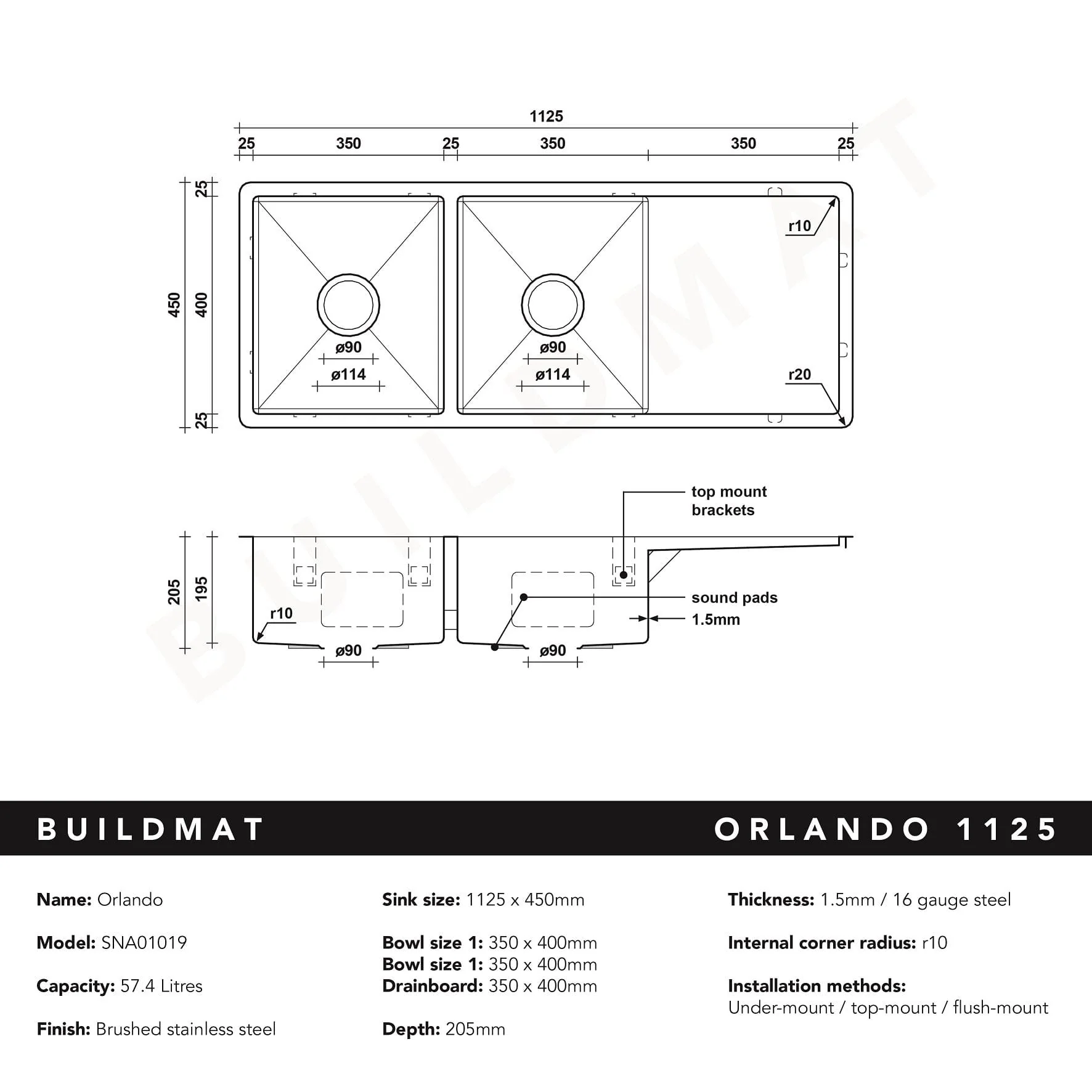 Alma Orlando 1125x450 Double Bowl with Drain Board Sink - Image 7
