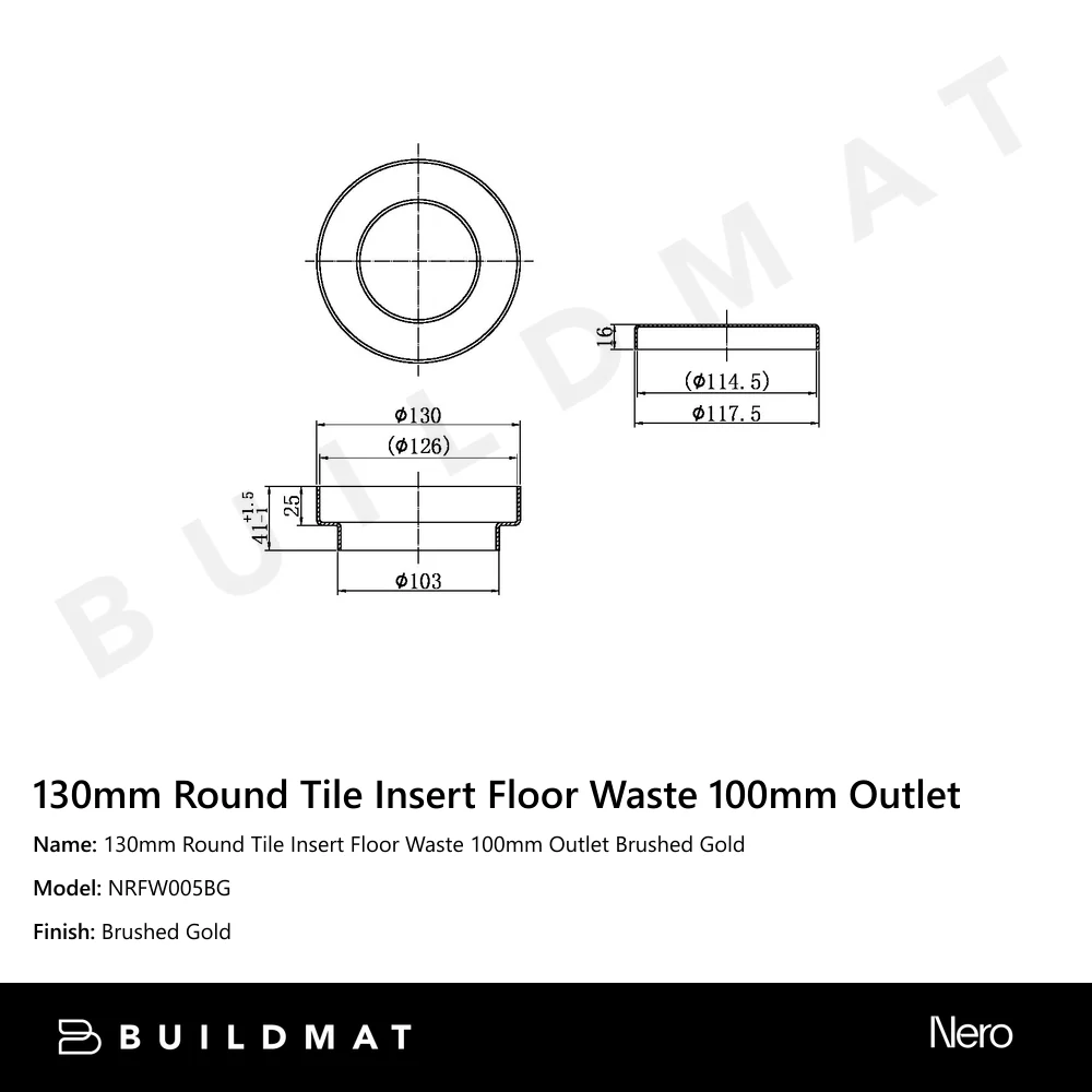 Nero 130mm Round Tile Insert Floor Waste 100mm Outlet Brushed Gold - Image 4