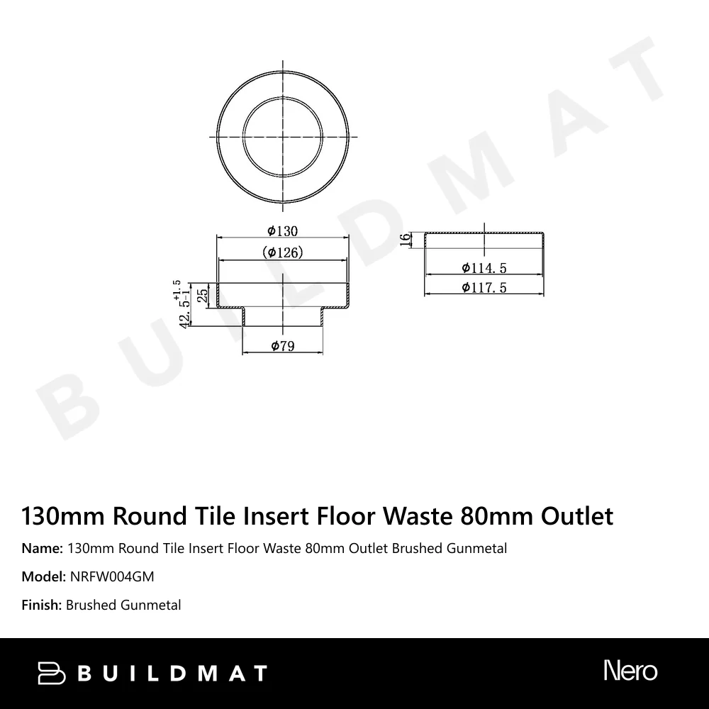 Nero 130mm Round Tile Insert Floor Waste 80mm Outlet Gun Metal - Image 4