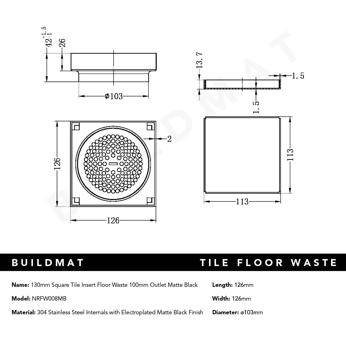 Nero 130mm Square Tile Insert Floor Waste 100mm Outlet Matte Black - Image 5