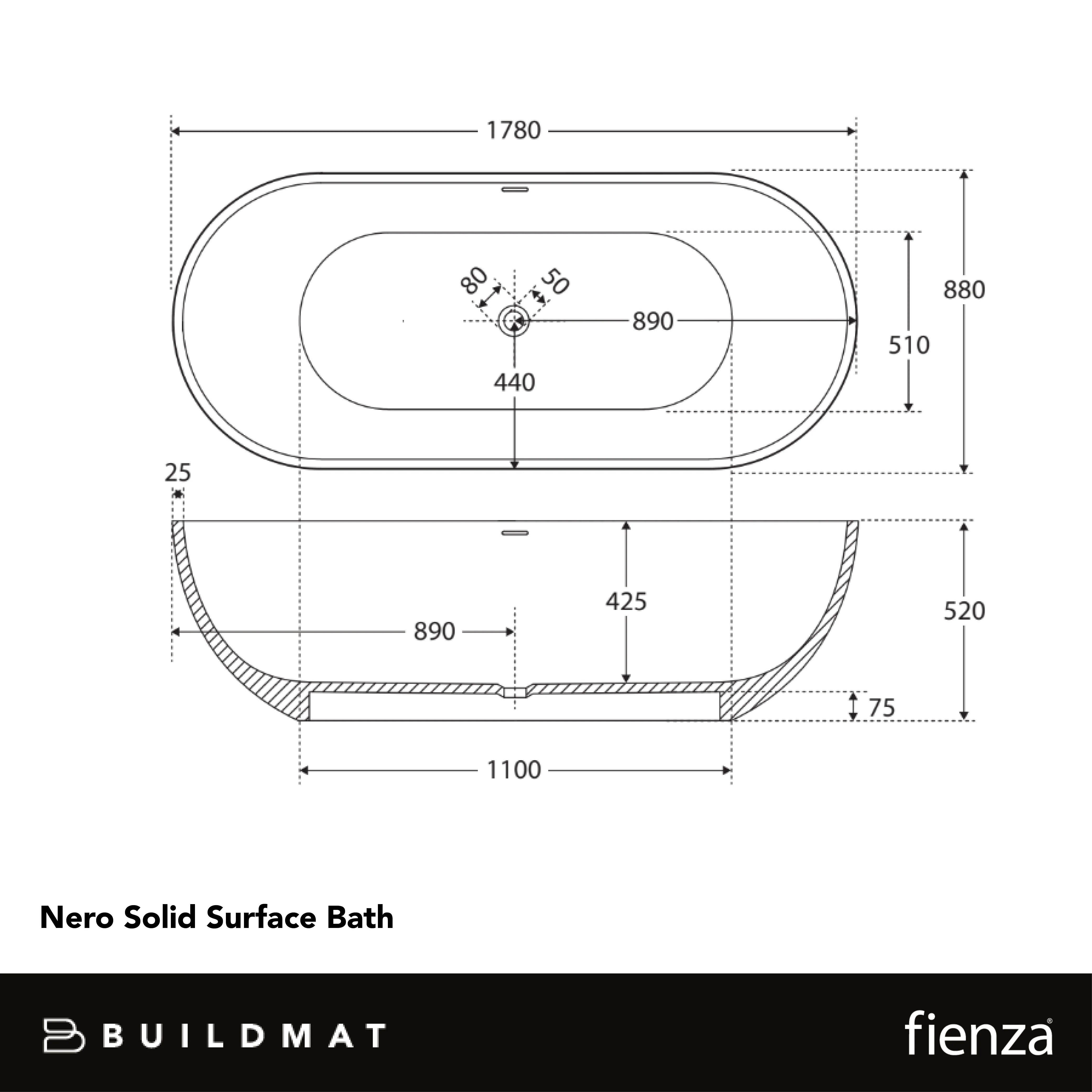 Fienza 1780mm Nero Solid Surface Bath with Overflow Matte White - Image 7