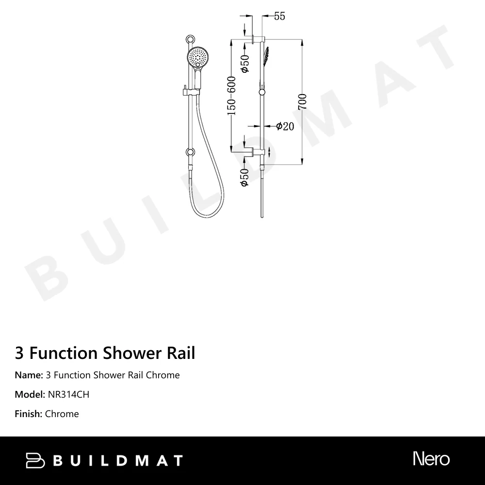 Nero 3 Function Shower Rail Chrome - Image 4