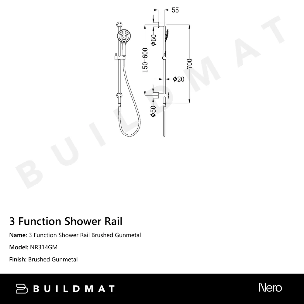 Nero 3 Function Shower Rail Gun Metal - Image 4