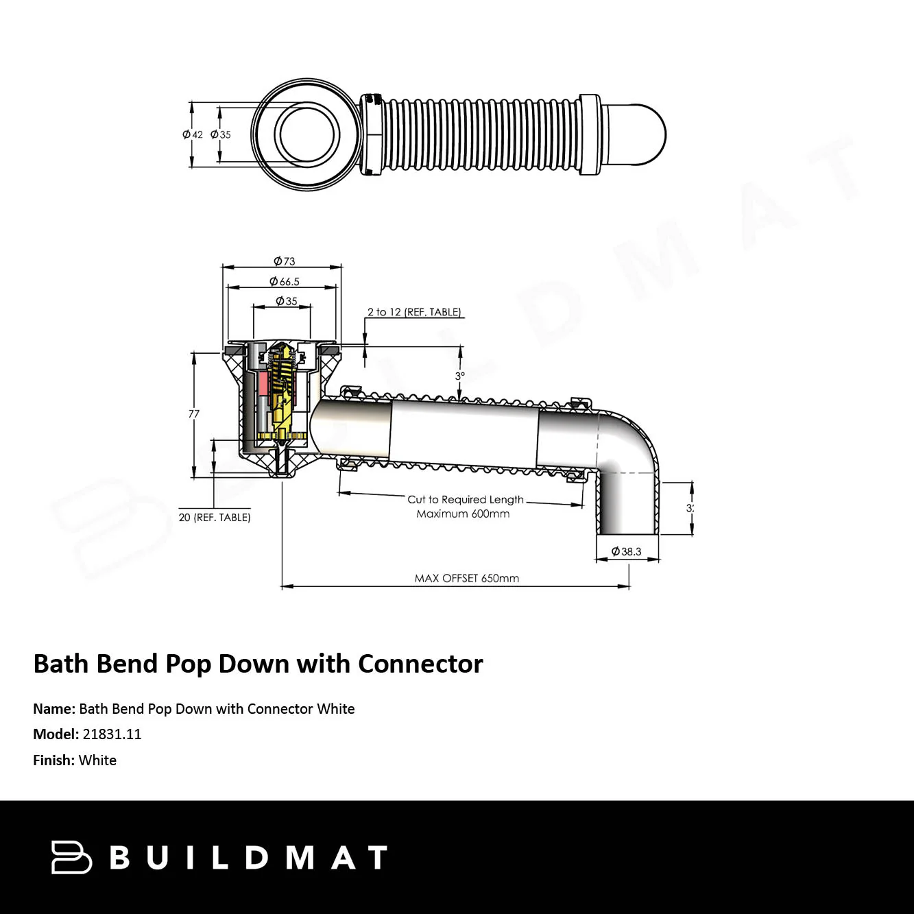 Art Australia 40mm Bath Pop Down with Connector White - Image 4