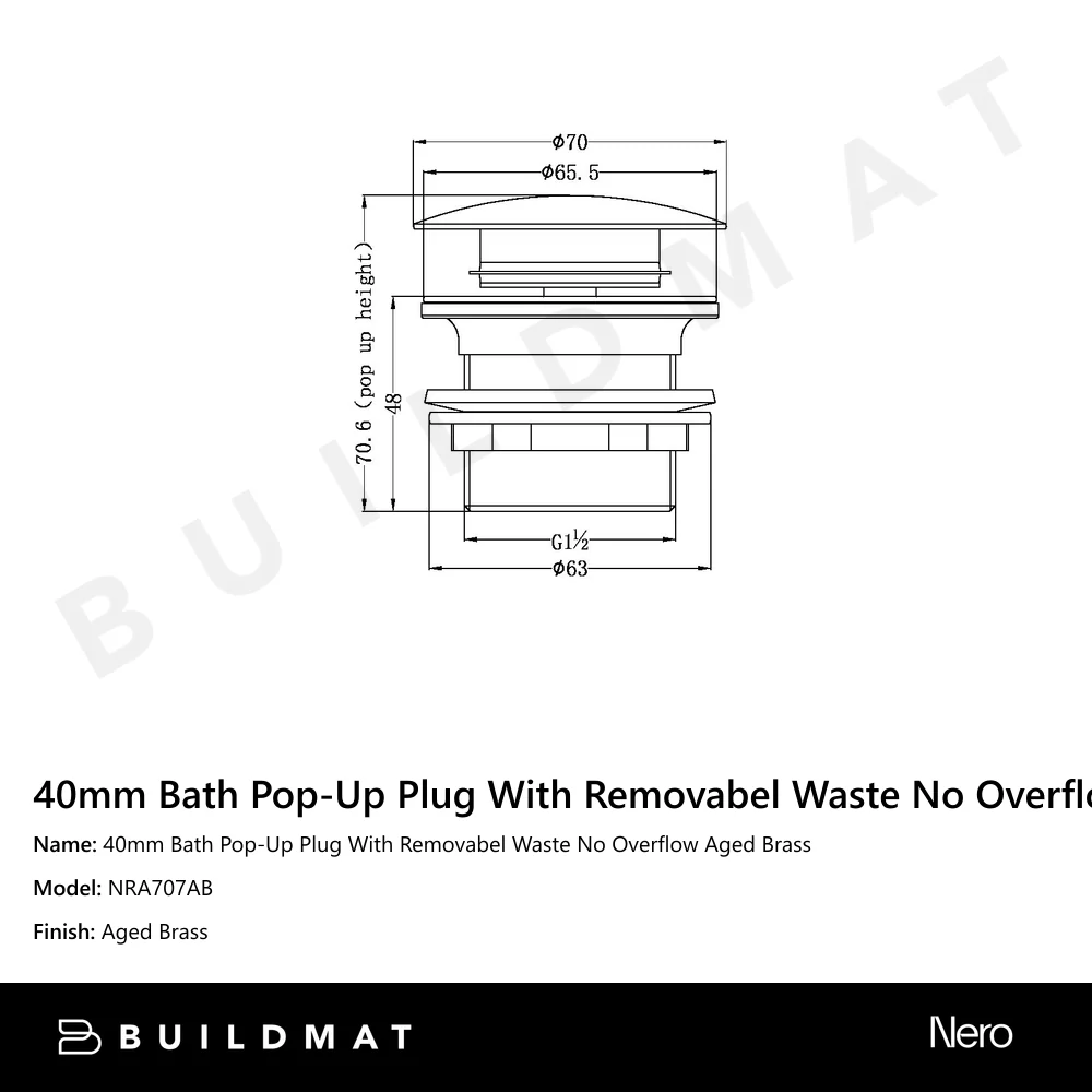Nero 40mm Bath Pop-Up Plug With Removabel Waste No Overflow Aged Brass - Image 4