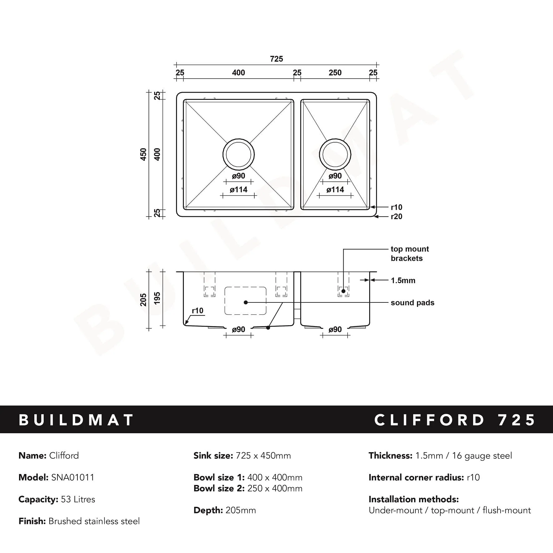 Alma Clifford 725x450 Single & 1/4 Bowl Sink - Image 8