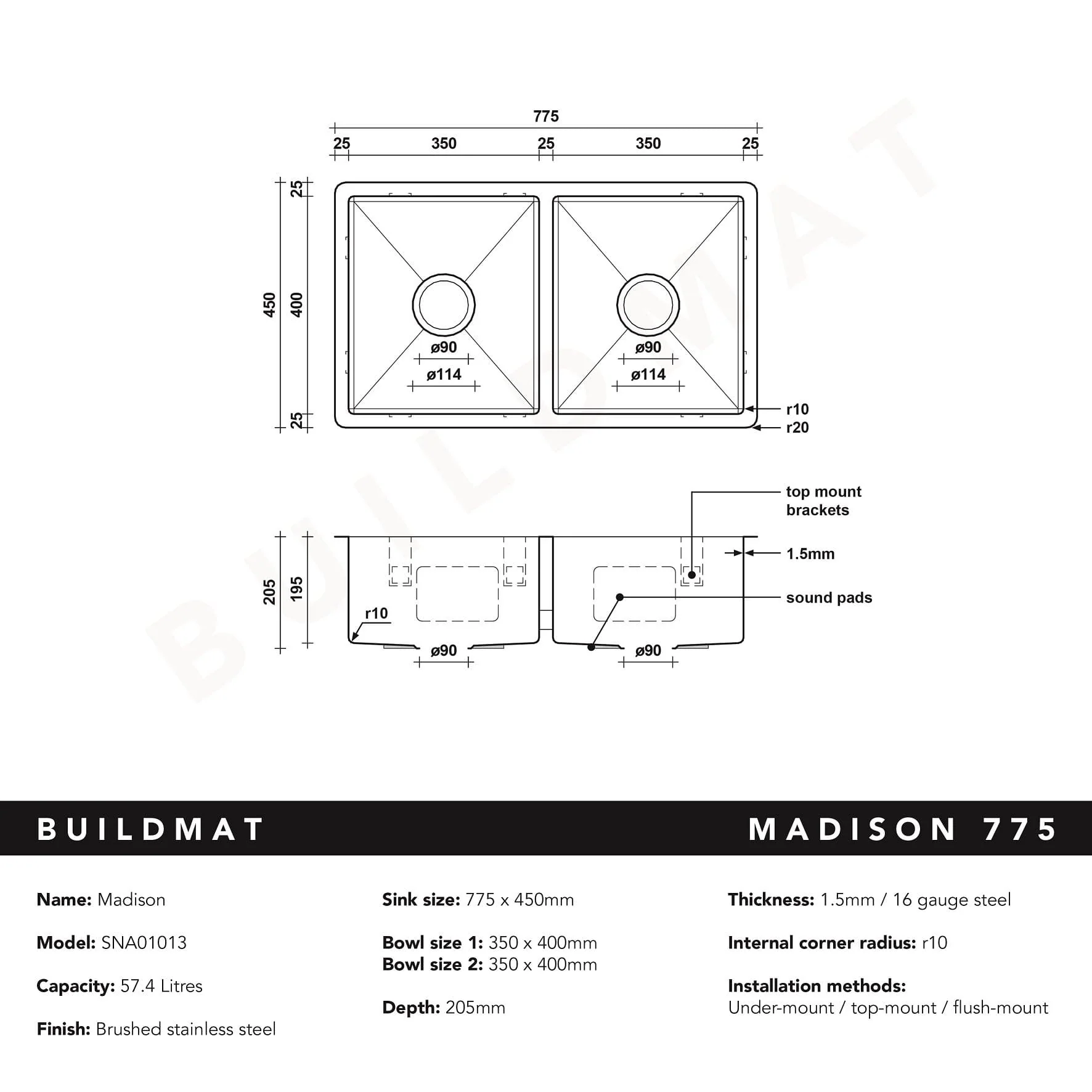 Alma Madison 775x450 Double Bowl Sink - Image 5