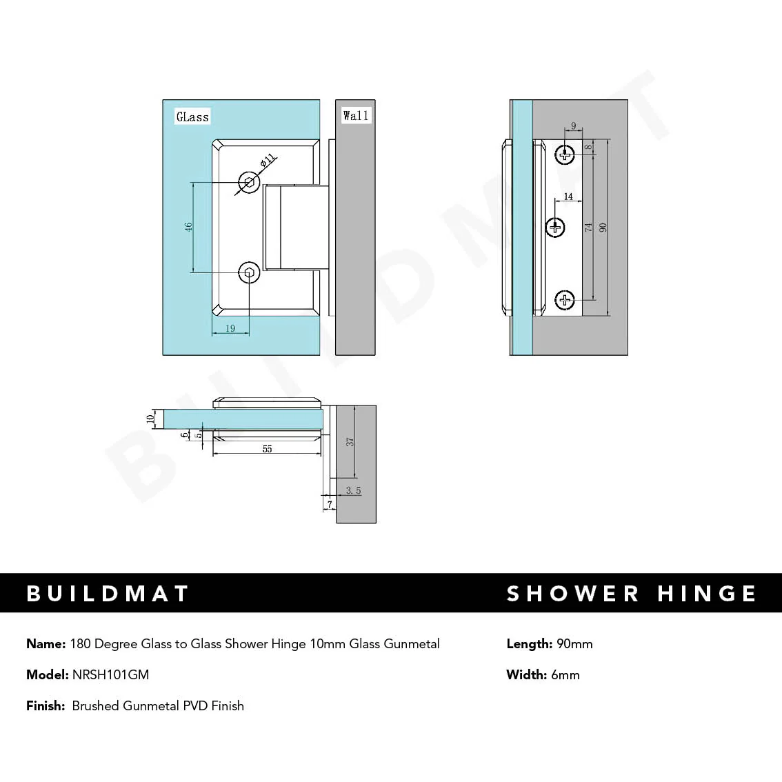 Nero 90 Degree Glass to Wall Shower Hinge 10MM Glass Brushed Gunmetal - Image 4