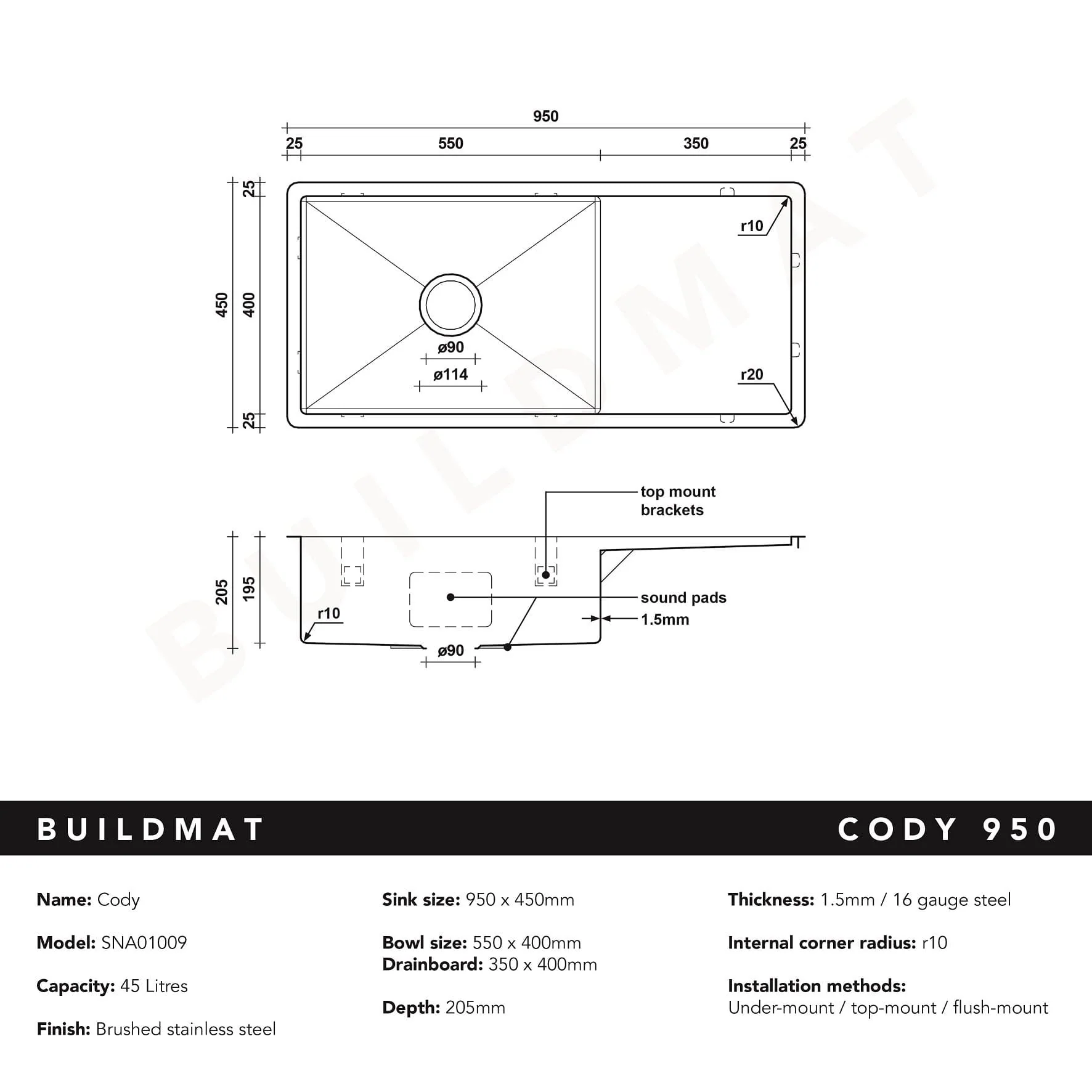 Alma Cody 950x450 Single Bowl w Drain Board Sink - Image 8