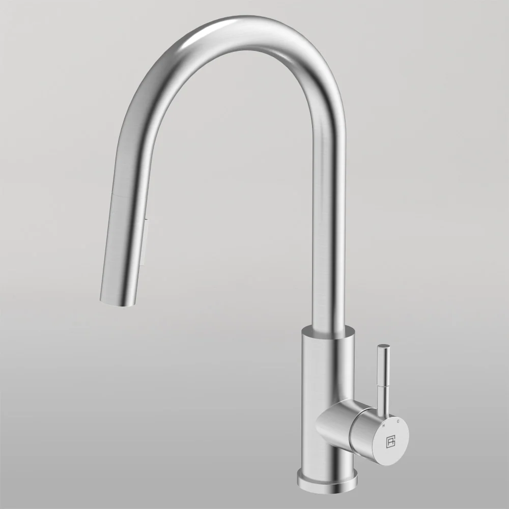 Abey 304 Gooseneck Pull Out Dual Spray Function Kitchen Mixer Brushed Steel - Image 2