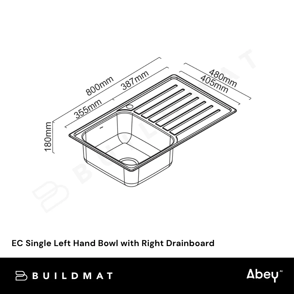 Abey EC Single Left Hand Bowl with Right Drainboard Stainless Steel - Image 4