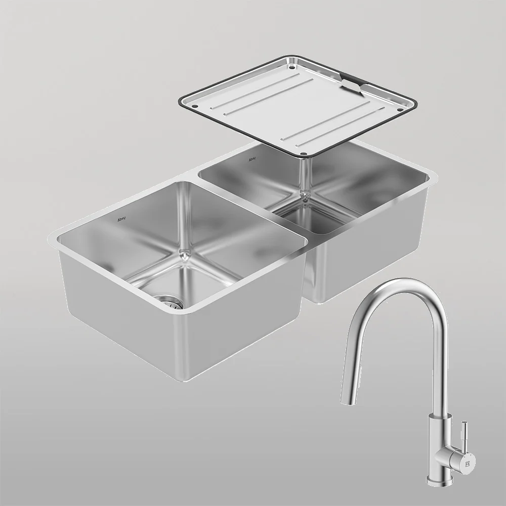Abey Lago Double Bowl Sink Package With 304 Gooseneck Pull Out Kitchen Mixer Stainless Steel - Image 2