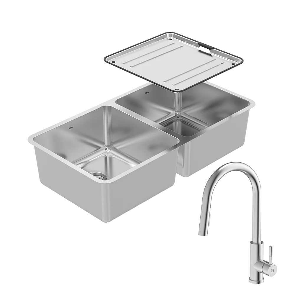 Abey Lago Double Bowl Sink Package With 304 Gooseneck Pull Out Kitchen Mixer Stainless Steel - Image 3