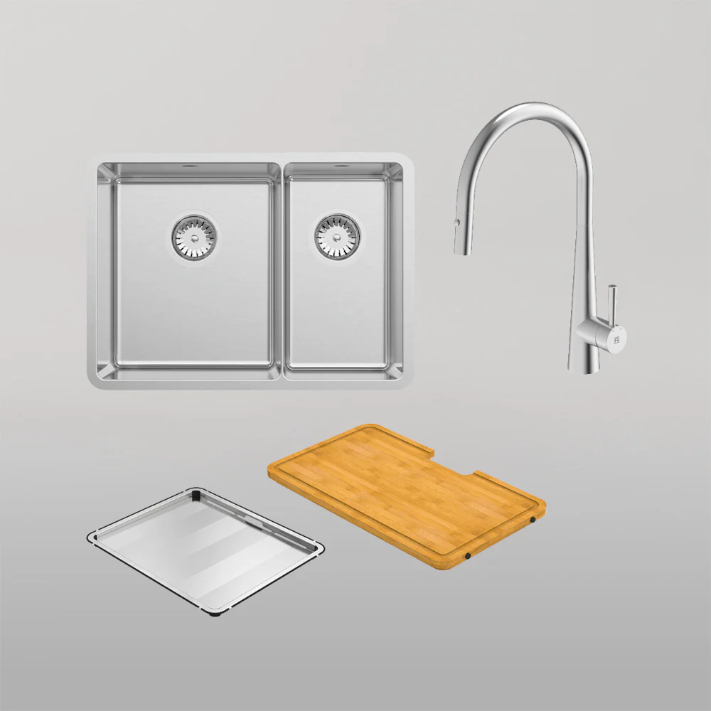 Abey Lucia Bowl And Three Quarter With Dual Spray Kitchen Mixer and Drain Tray and Cutting Board Stainless Steel - Image 2