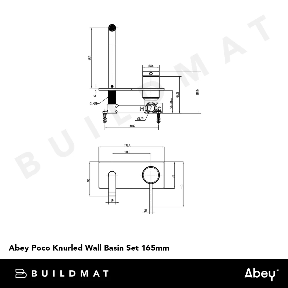 Abey Poco Knurled Wall Basin Set 165mm Brushed Nickel - Image 4