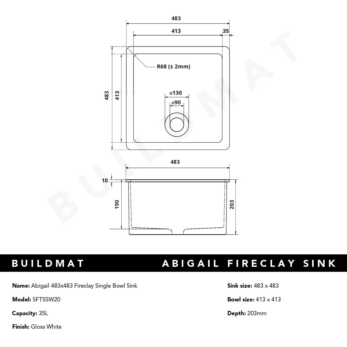 Alma Abigail 483x483 Gloss White Fireclay Single Bowl Sink - Image 10