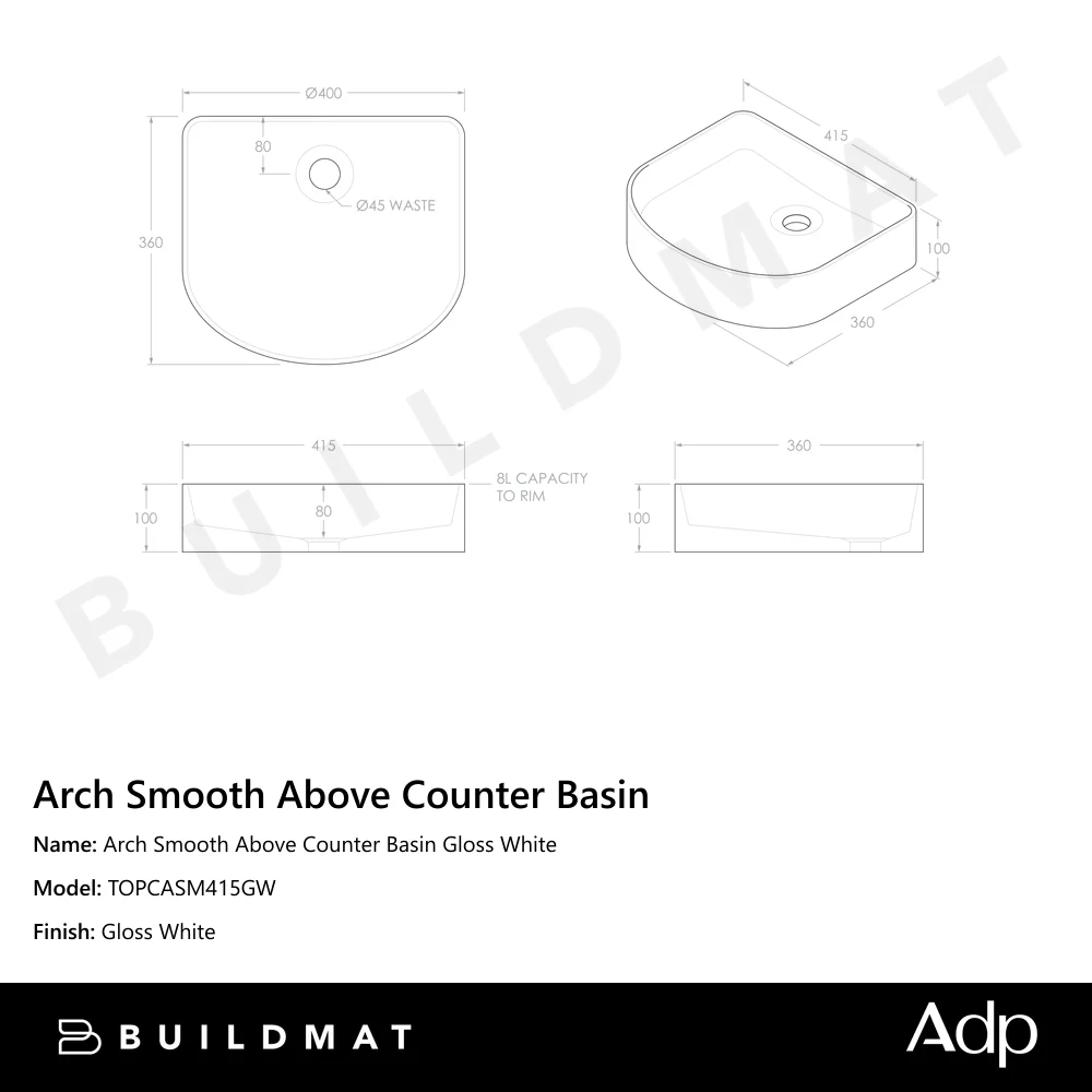 ADP Arch Smooth Above Counter Basin Gloss White - Image 4