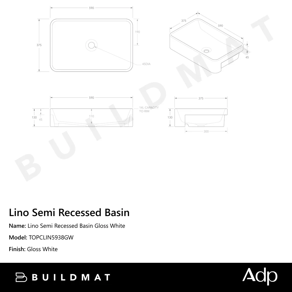 ADP Lino Semi Recessed Basin Gloss White - Image 4
