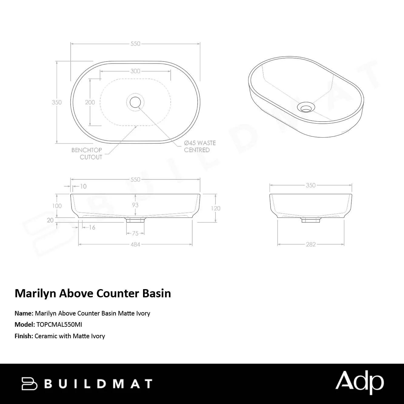 ADP Marilyn Above Counter Basin Matte Ivory - Image 4