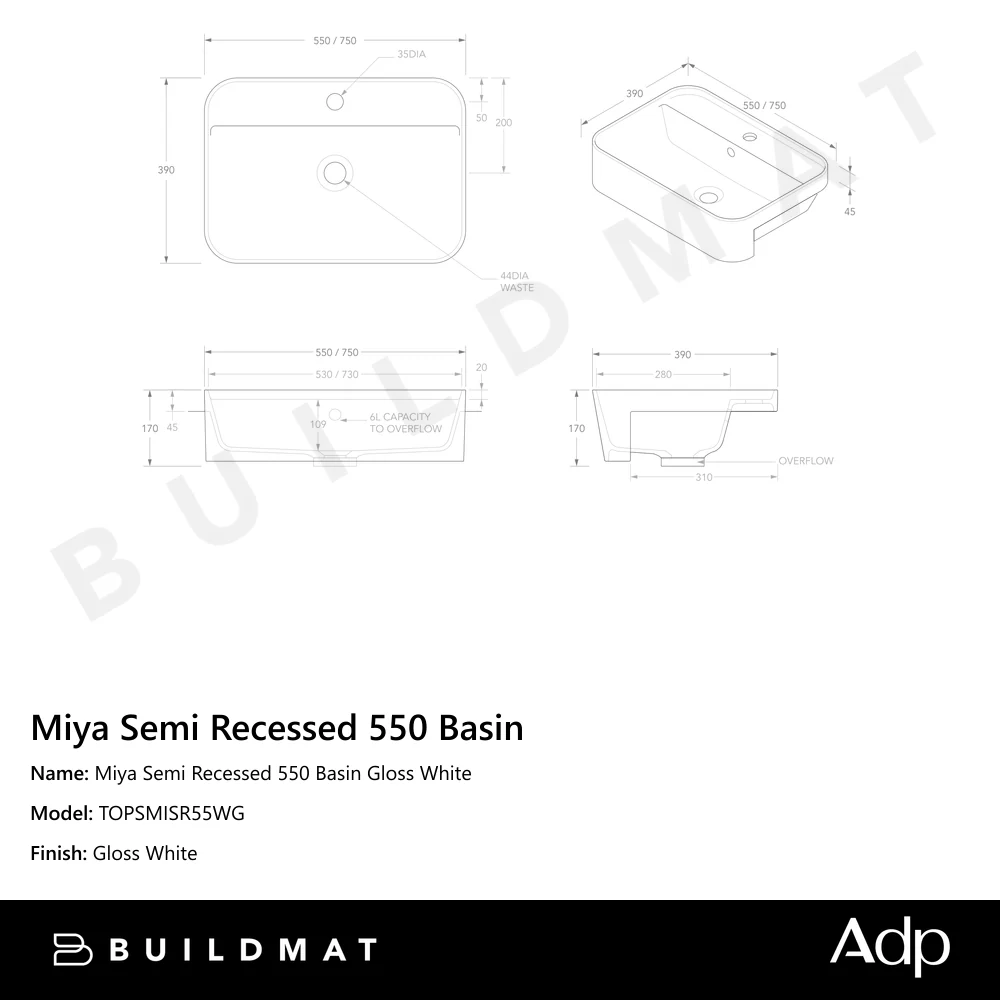 ADP Miya Semi Recessed 550 Basin Gloss White - Image 4