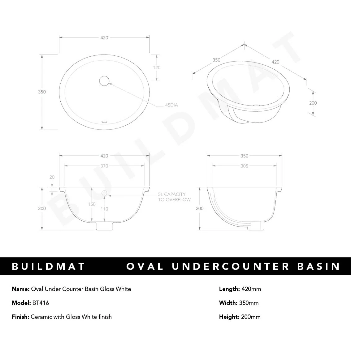 ADP Oval Under Counter Basin Gloss White - Image 4