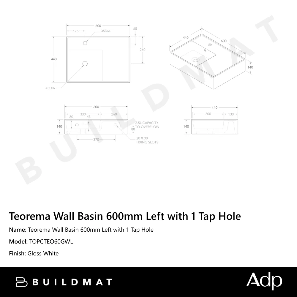 ADP Teorema Wall Basin 600mm Left with 1 Tap Hole - Image 4