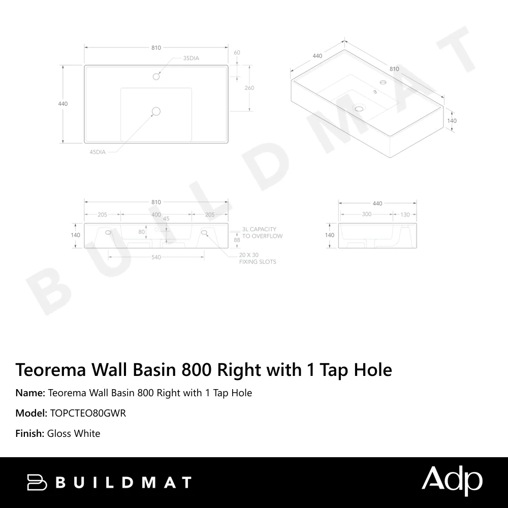 ADP Teorema Wall Basin 800 Right with 1 Tap Hole - Image 4