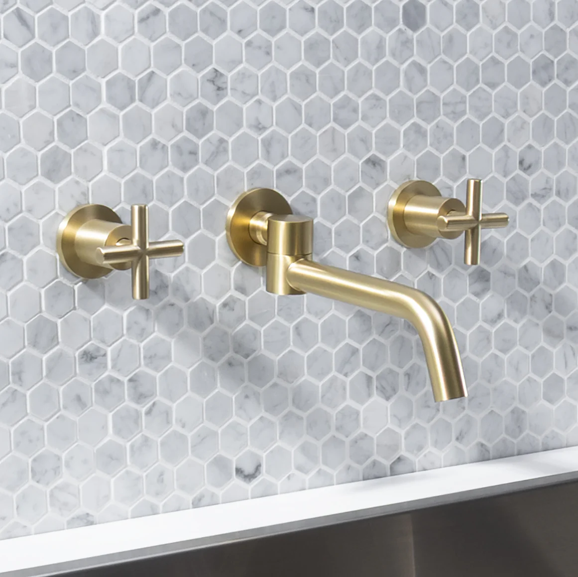 Alma Brushed Brass Gold Cross Tap Handles and Swivel Wall Spout Set - Image 2
