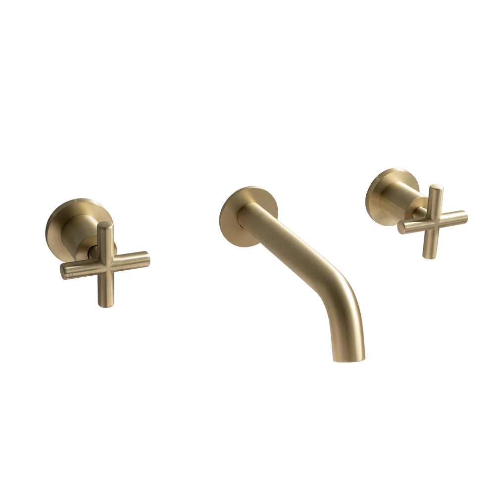 Alma Brushed Brass Gold Cross Tap Handles and Wall Spout Set - Image 2
