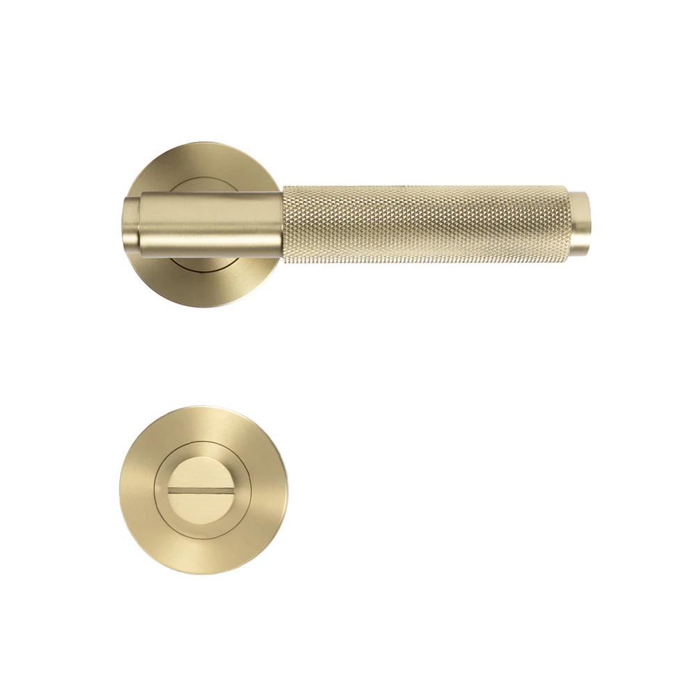 Alma Brushed Brass Gold Knurled Door Handle with Linear Lock Set - Image 2