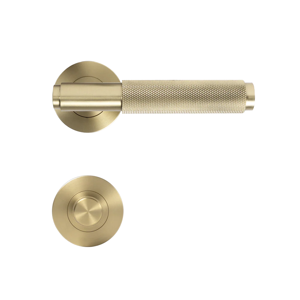 Alma Brushed Brass Gold Knurled Door Handle with Linear Lock Set - Image 3
