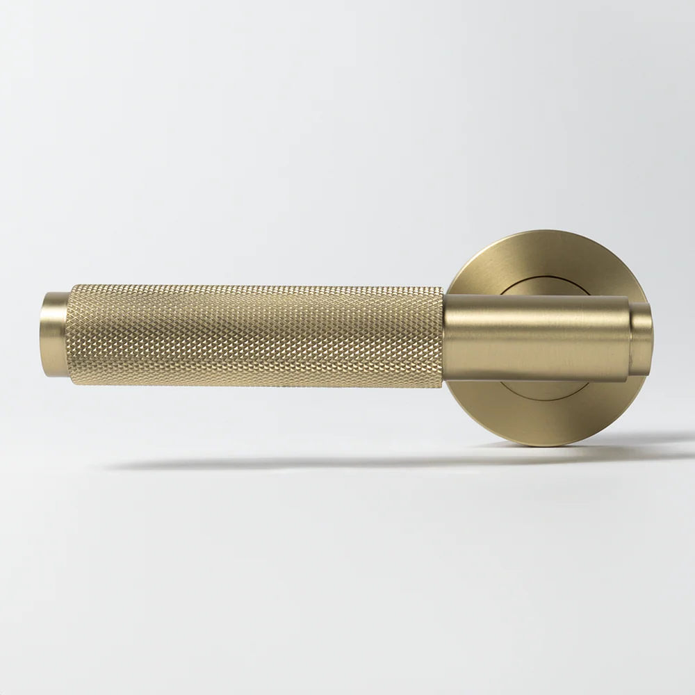 Alma Brushed Brass Gold Knurled Door Handle with Linear Lock Set - Image 5