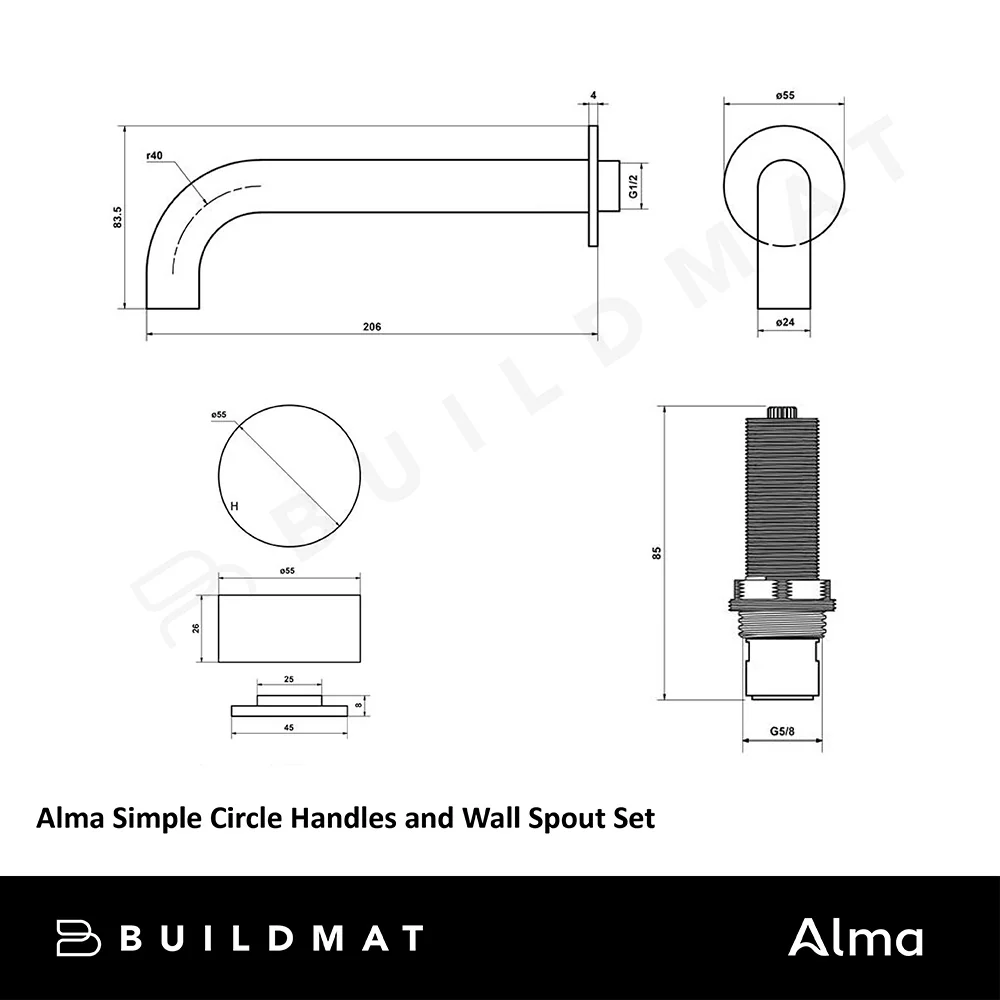 Alma Brushed Brass Gold Simple Circle Handles and Wall Spout Set - Image 5