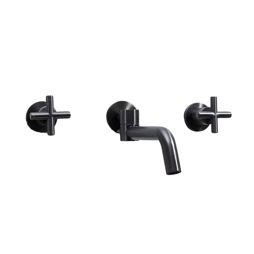 Alma Brushed Gunmetal Cross Tap Handles and Swivel Wall Spout Set