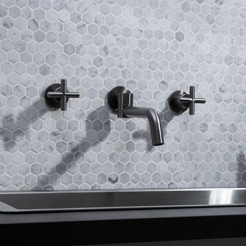 Alma Brushed Gunmetal Cross Tap Handles and Swivel Wall Spout Set - Image 2