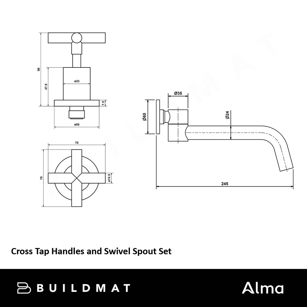 Alma Brushed Gunmetal Cross Tap Handles and Swivel Wall Spout Set - Image 4
