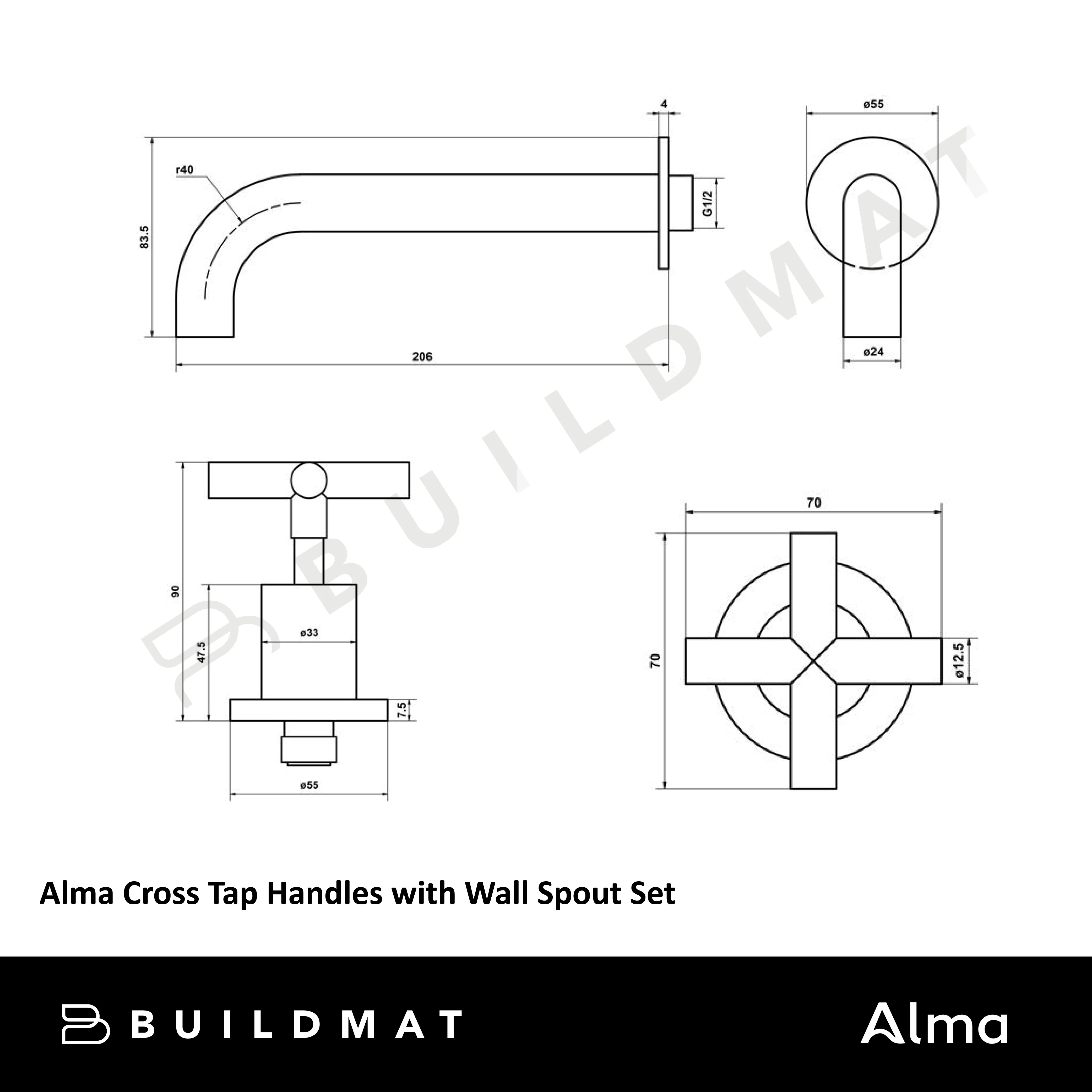Alma Brushed Gunmetal Cross Tap Handles and Wall Spout Set - Image 4