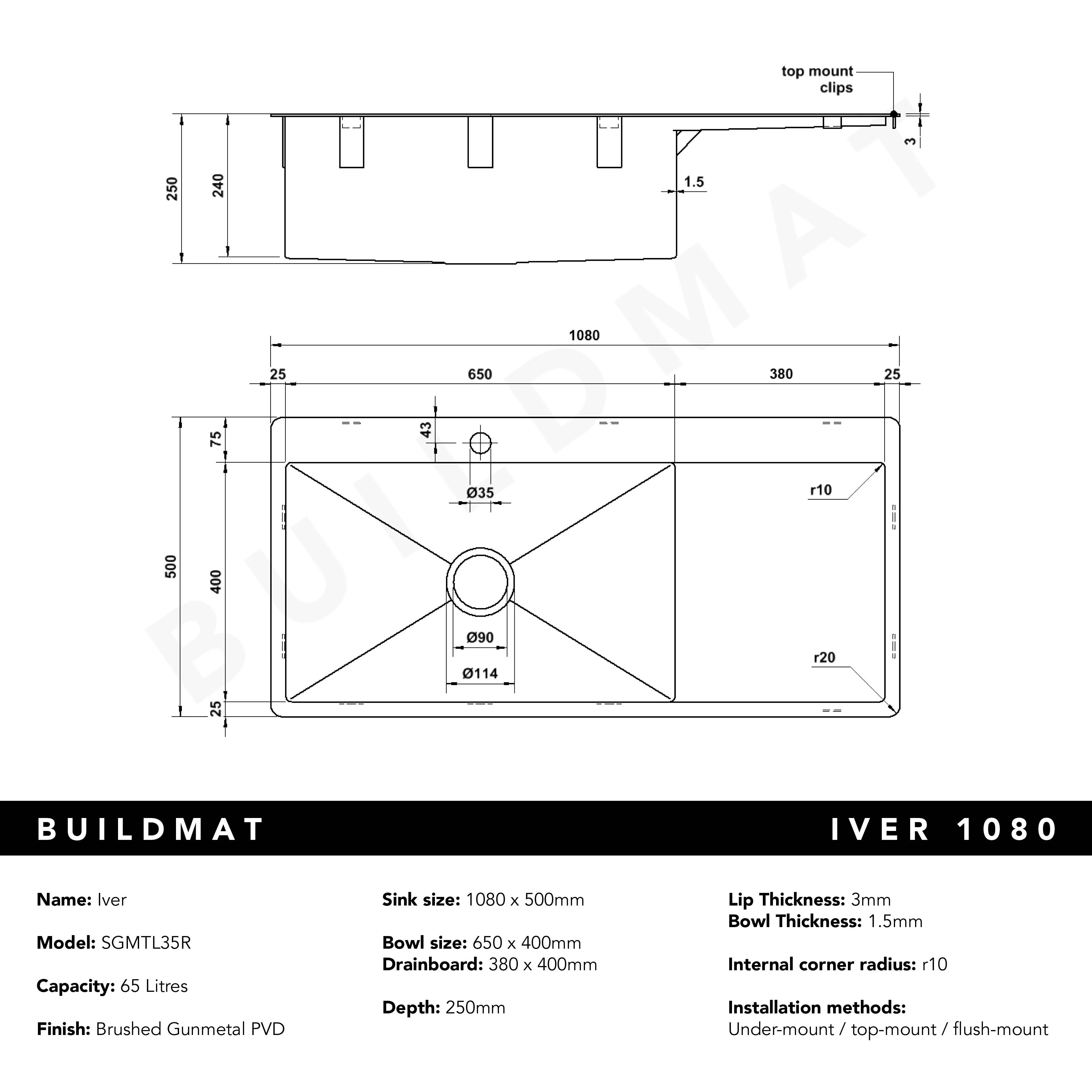 Alma Brushed Gunmetal Iver 1080x500 Single Bowl Tap Landing with Right Drain Board Sink - Image 5