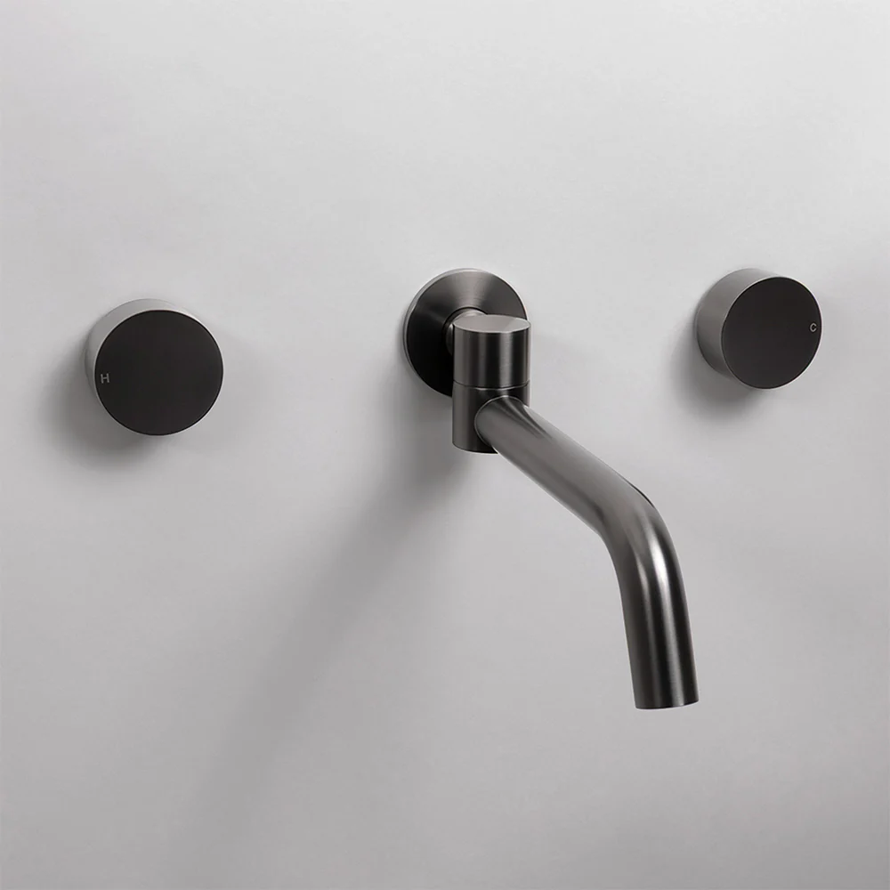 Alma Brushed Gunmetal Simple Circle Handles and Swivel Wall Spout Set - Image 2