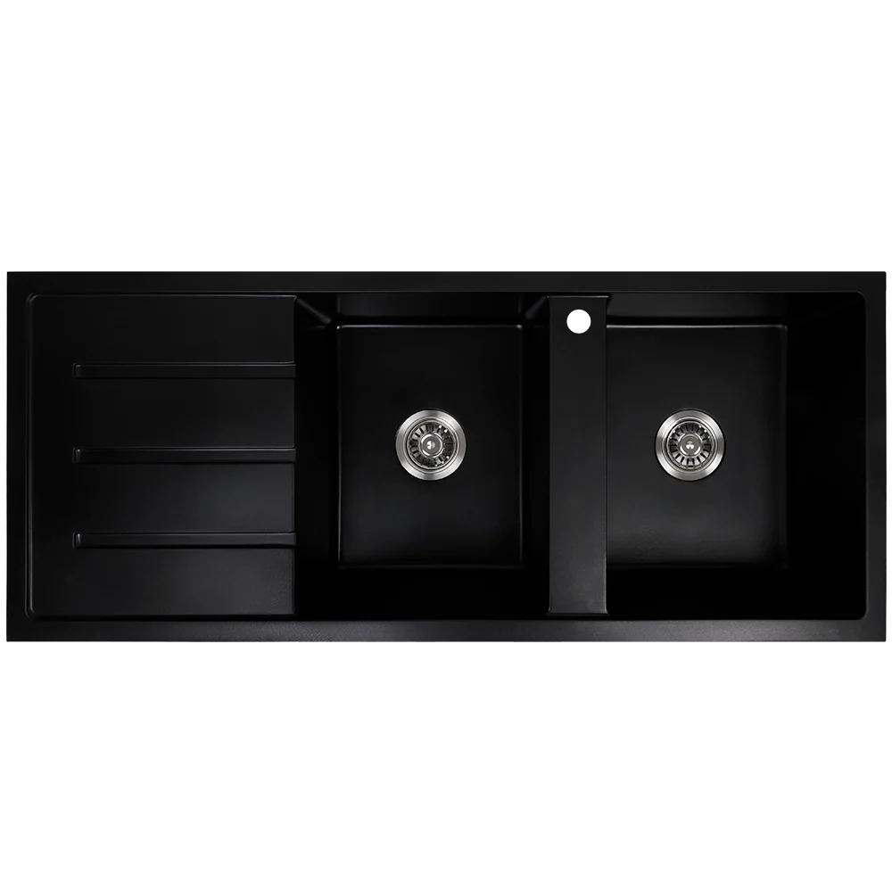 Alma Darlene 1200x500 Black Granite Left Drainboard Double Bowl Tap Landing Sink - Image 3