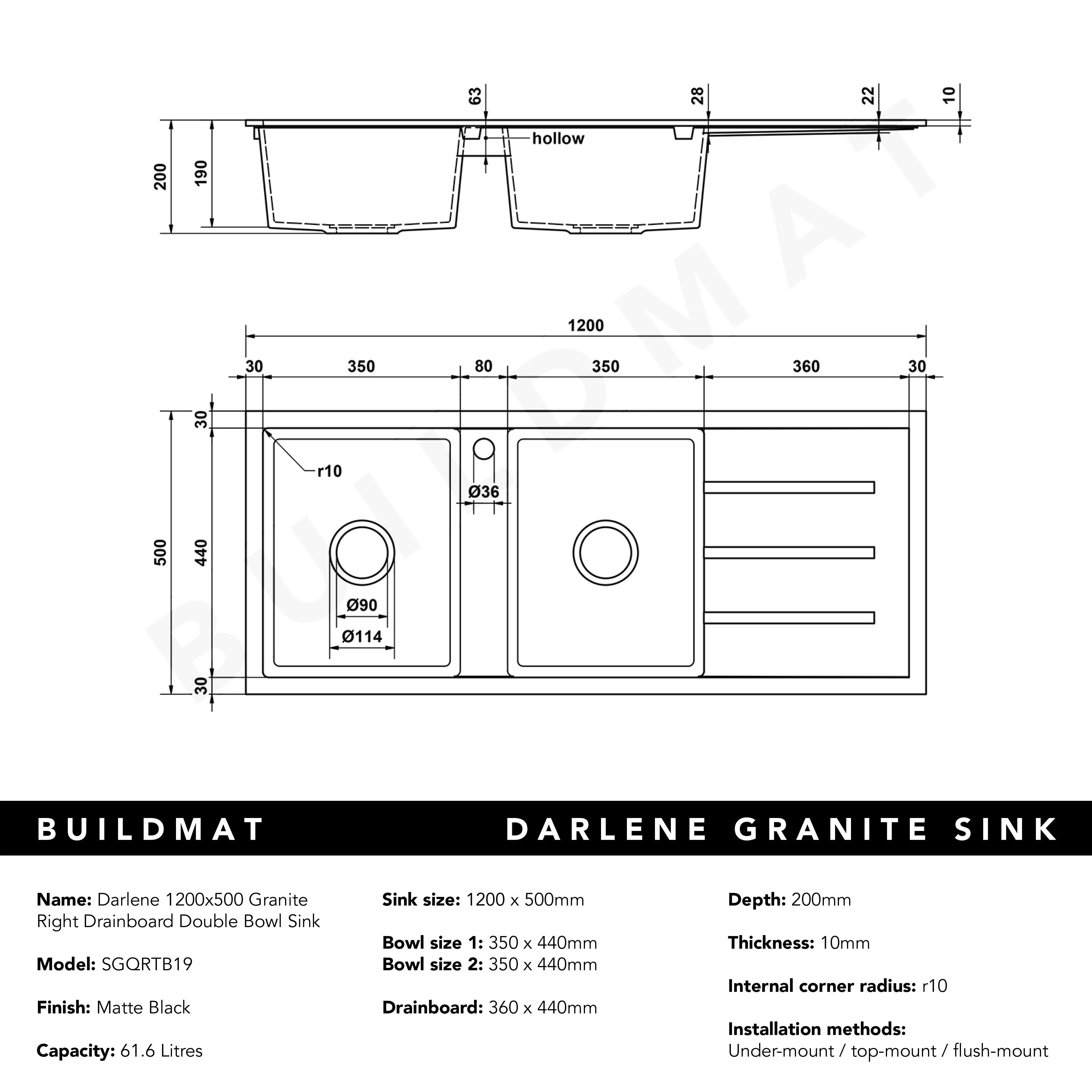Alma Darlene 1200x500 Black Granite Right Drainboard Double Bowl Tap Landing Sink - Image 6