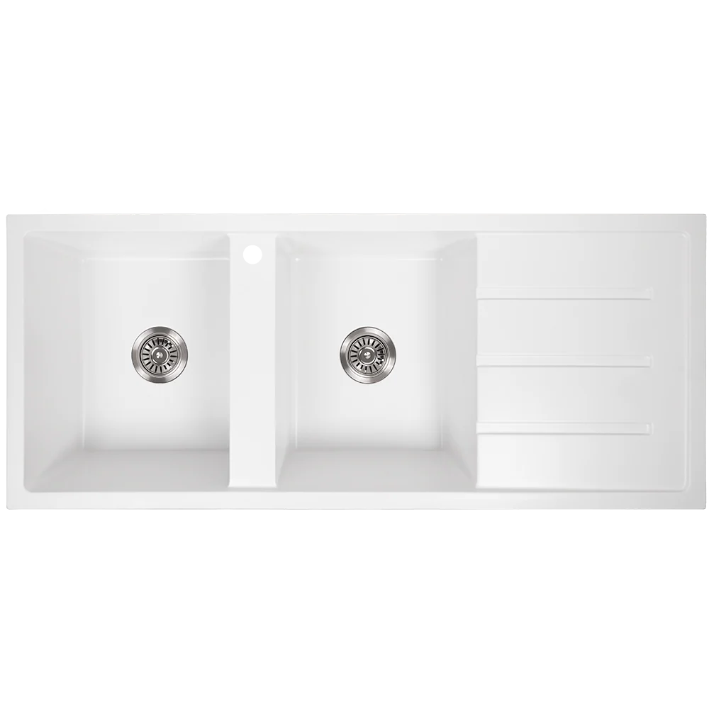 Alma Darlene 1200x500 White Granite Right Drainboard Double Bowl Tap Landing Sink - Image 3