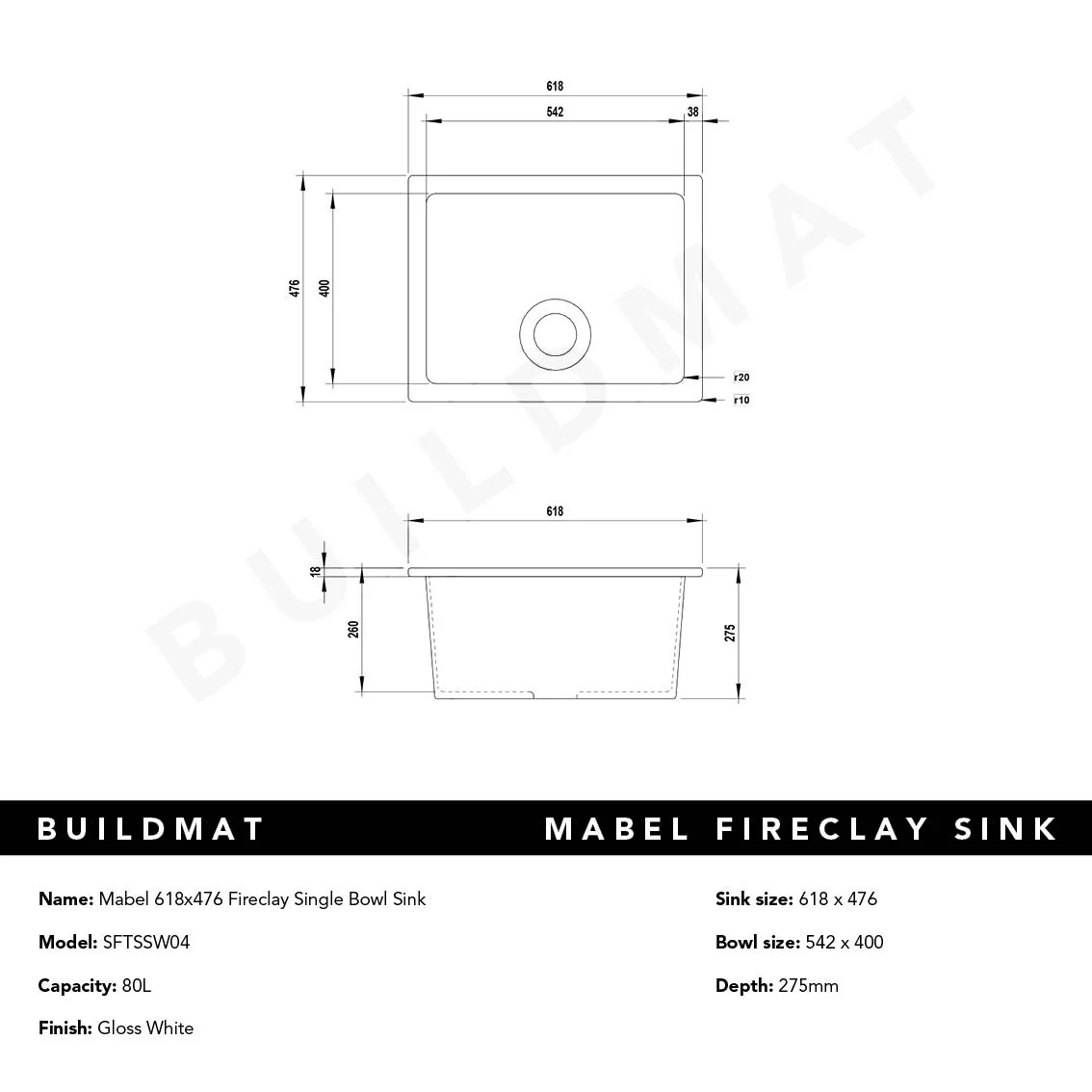 Alma Mabel 618x476 Gloss White Fireclay Single Bowl Sink - Image 6