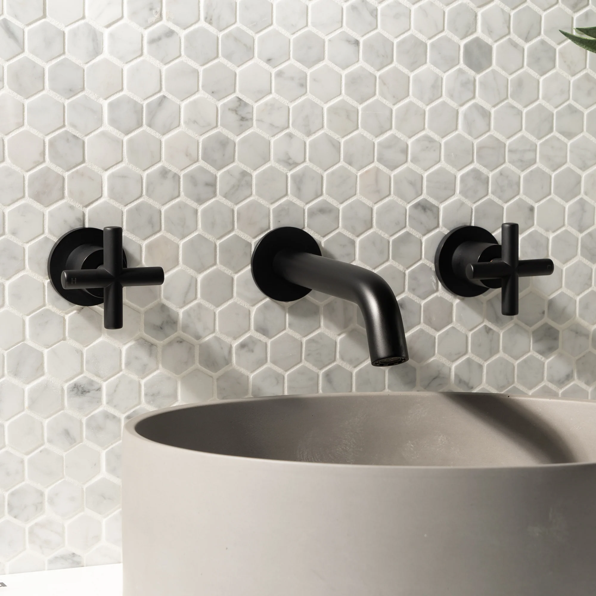 Alma Matte Black Cross Tap Handles and Wall Spout Set - Image 2
