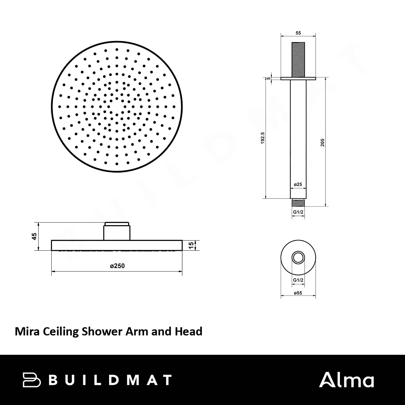 Alma Mira Brushed Brass Gold Ceiling Shower Arm and Head - Image 4
