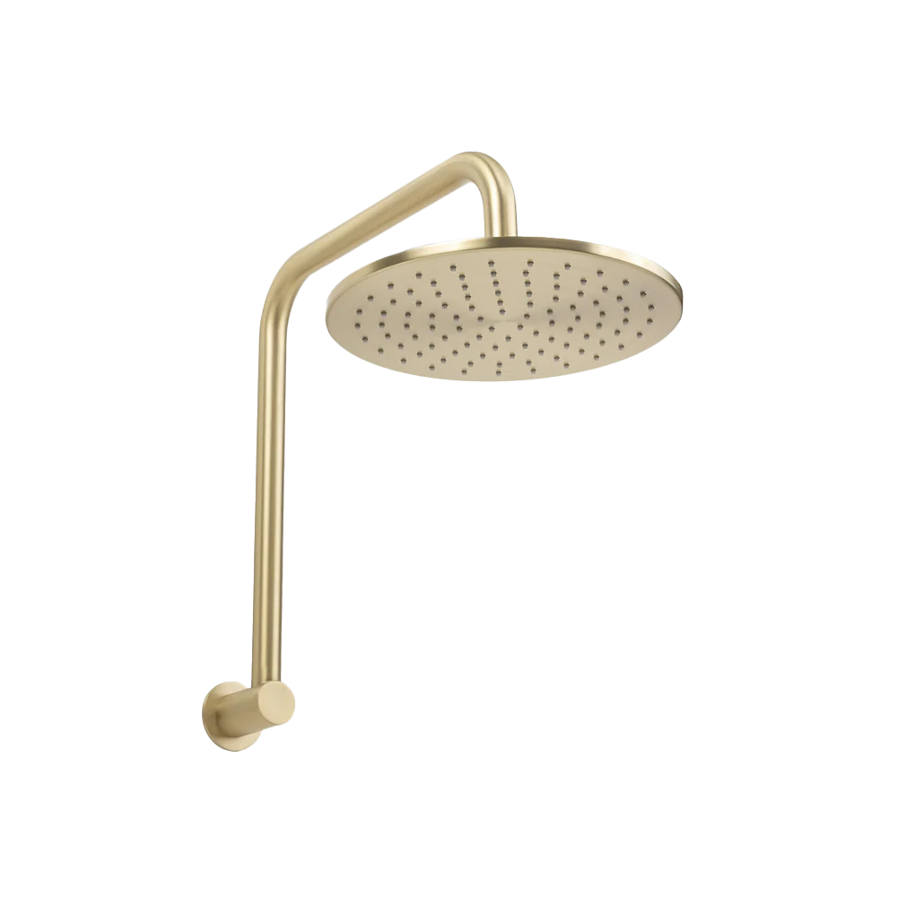 Alma Mira Brushed Brass Gold High Rise Upswept Shower Arm and Head