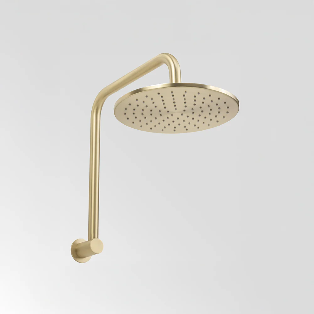 Alma Mira Brushed Brass Gold High Rise Upswept Shower Arm and Head - Image 2