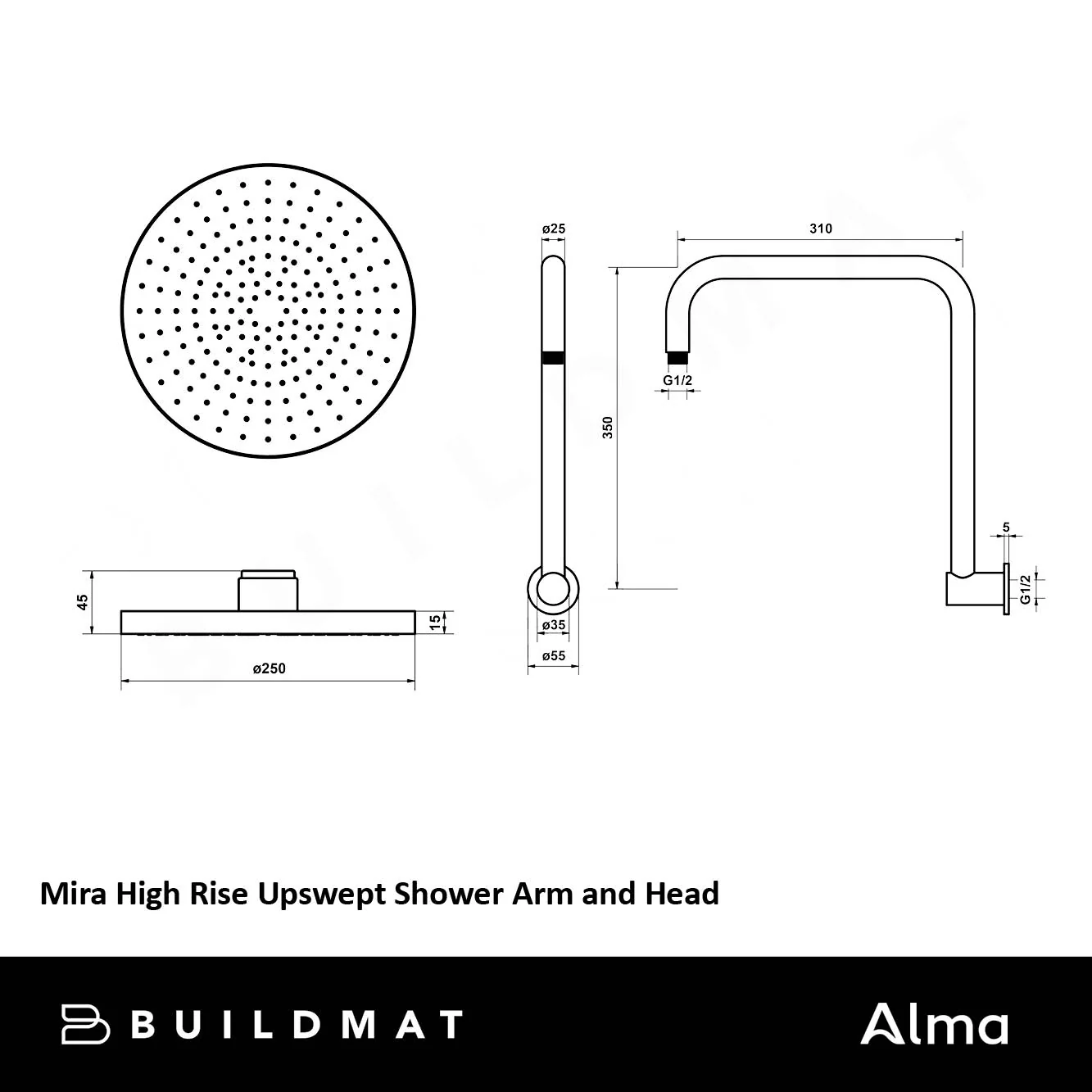 Alma Mira Brushed Brass Gold High Rise Upswept Shower Arm and Head - Image 4