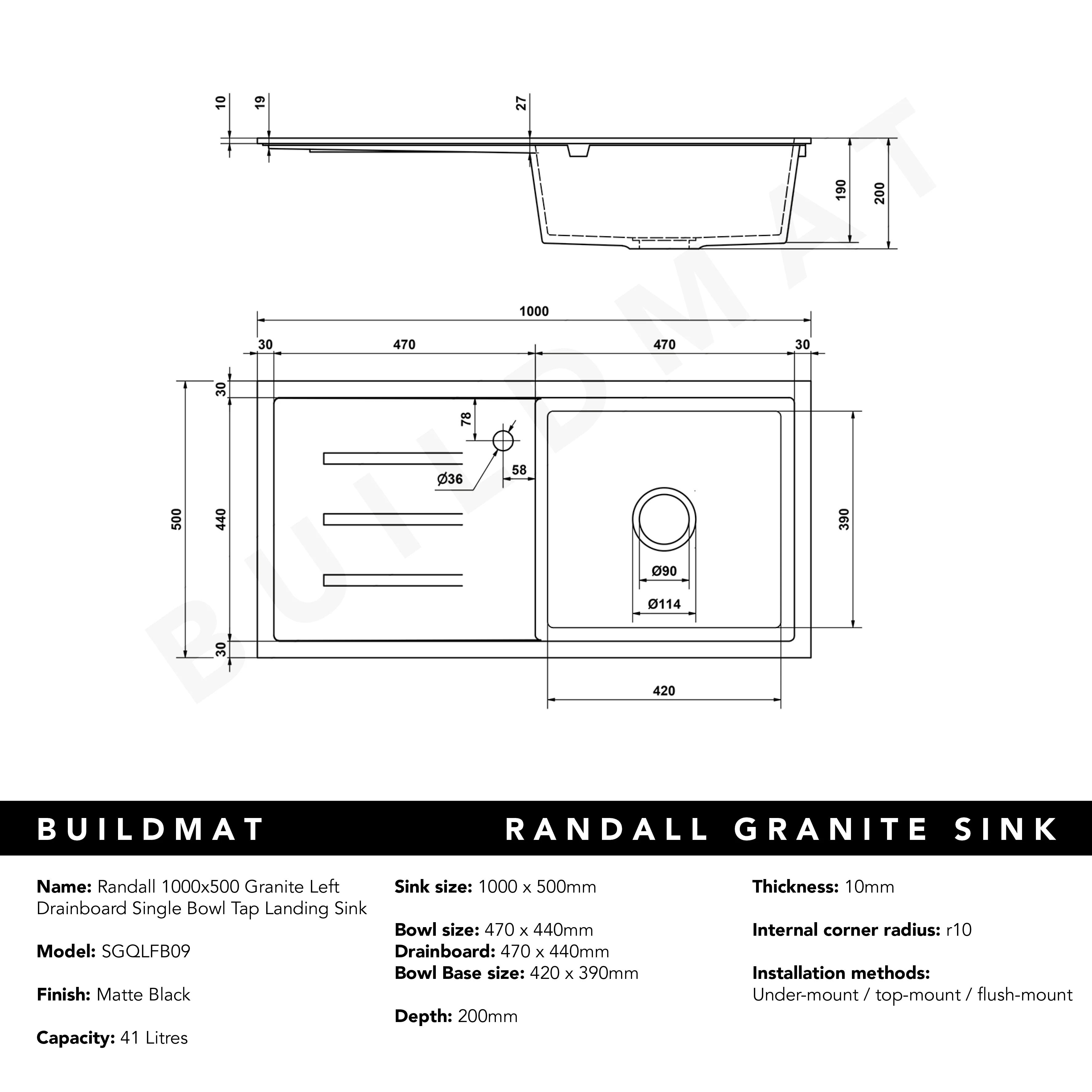 Alma Randall 1000x500 Black Granite Left Drainboard Single Bowl Tap Landing Sink - Image 8